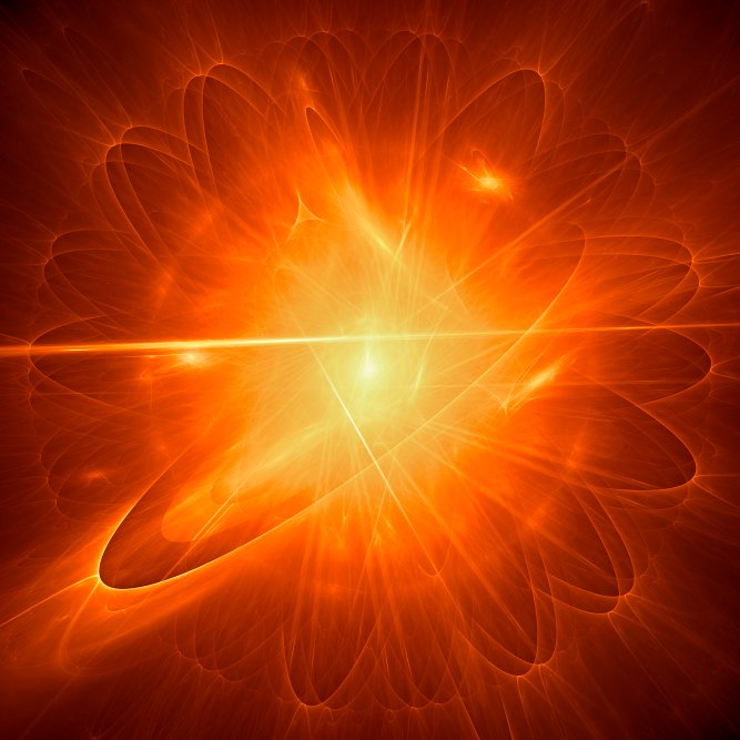 bright orange and red atomic swirls orbiting a spiral galaxy