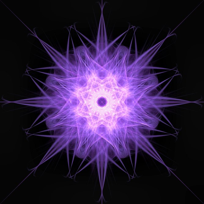 deeply purple light sewn into a spiky eight point star with a white jewel in the center