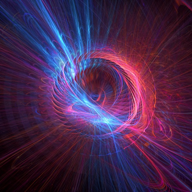 cyan and magenta light swirling around a center whirlpool with light beam radiating outward
