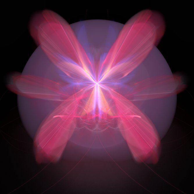 pink butterfly in front of a glowing orb with a blue shadow of a wolf or sentinel in the background
