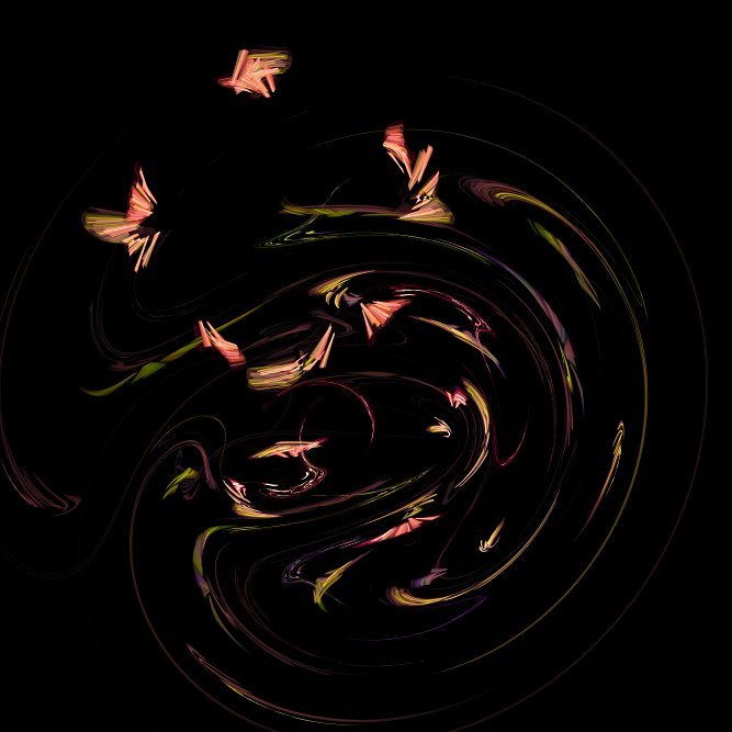 flutter of fireflies created by light stiches swirling in a vortex